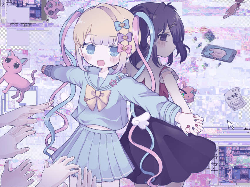 2girls ame-chan_(needy_girl_overdose) angel_wings bangs black_hair blue_eyes blush bow cat chouzetsusaikawa_tenshi-chan controller cursor game_controller glitch hair_bow hair_ornament heart highres holding_hands knife long_hair long_sleeves looking_at_viewer multicolored_hair multiple_girls needy_girl_overdose open_mouth phone pill quad_tails ribbon sailor_collar school_uniform serafuku shirt skirt smile twintails wings wotoha x_hair_ornament