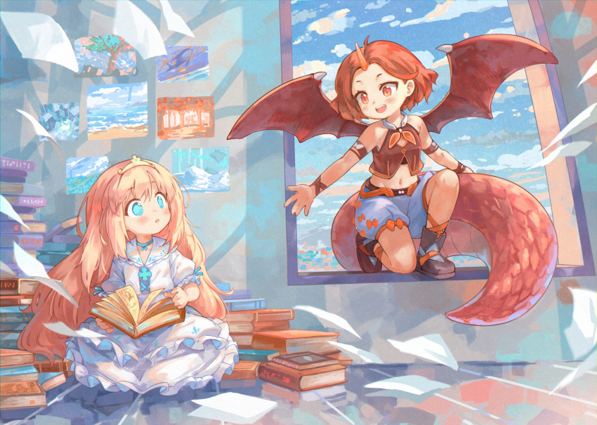 2girls :d armlet bangs blonde_hair blue_eyes blue_sky book bracelet choker clouds cloudy_sky commentary dragon_girl dragon_horns dragon_tail dragon_wings dress english_commentary eyebrows_visible_through_hair eyes_visible_through_hair forehead frilled_dress frills full_body garun_wattanawessako horns jewelry kneeling long_hair looking_at_another multiple_girls navel original paper parted_bangs parted_lips picture_(object) puffy_short_sleeves puffy_shorts puffy_sleeves reaching red_eyes redhead short_hair short_sleeves shorts sidelocks single_horn sitting sky sleeveless smile stomach tail tiara white_dress wind window wings