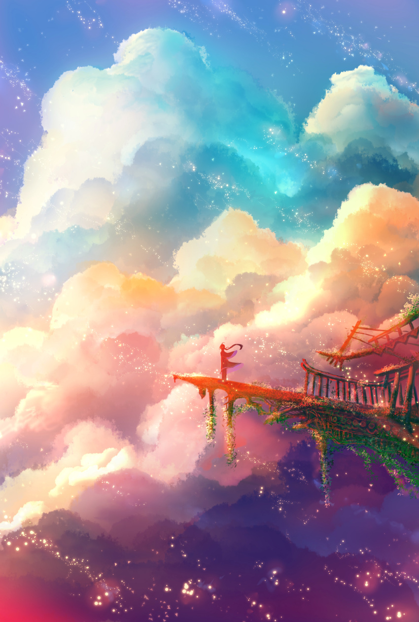1girl clouds commentary_request dress fantasy foliage gradient_sky highres light_particles long_hair original plant ponytail sakimori_(hououbds) scenery sky solo standing vines