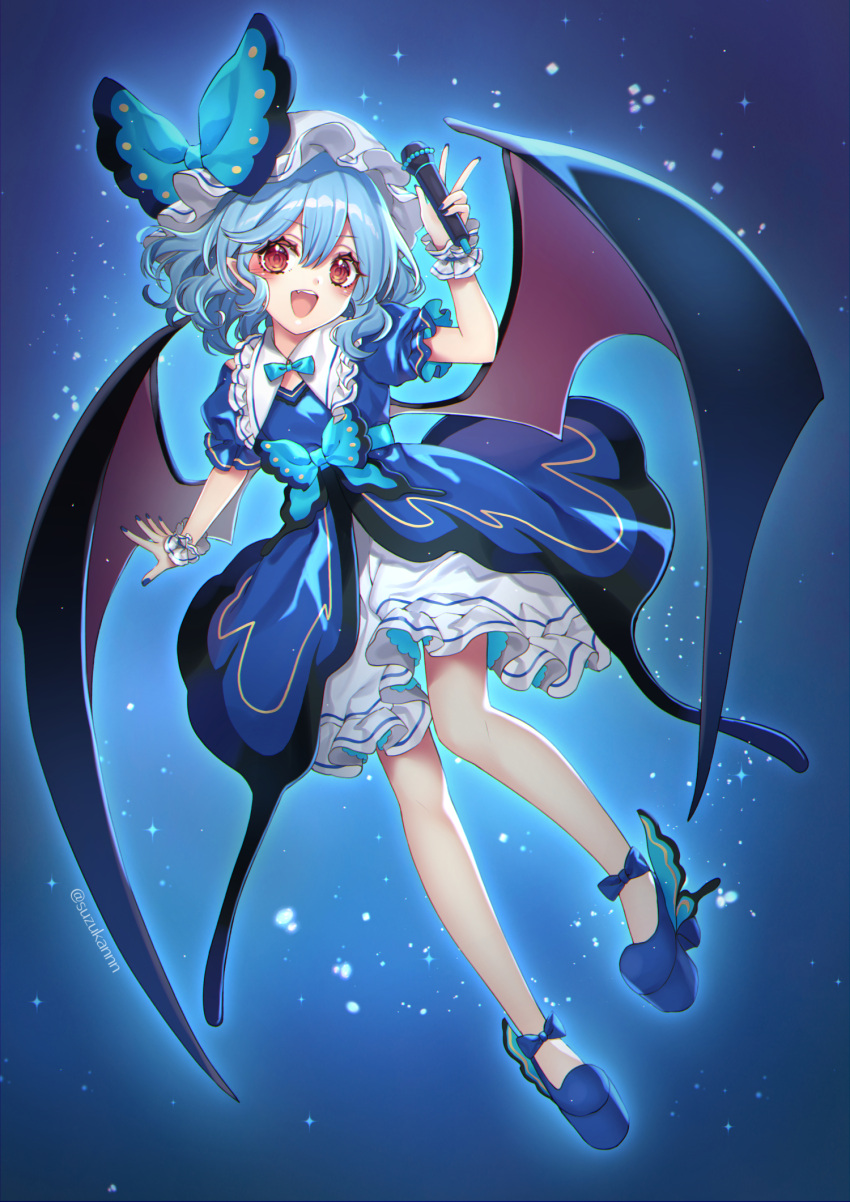 1girl bangs bat_wings belt black_footwear blue_background blue_belt blue_bow blue_bowtie blue_hair blue_nails blue_sleeves blush bow bowtie collared_dress dress eyebrows_visible_through_hair fang flying gradient gradient_background hair_between_eyes hand_up hat hat_bow highres kyouda_suzuka large_bow looking_to_the_side microphone mob_cap open_mouth pointy_ears puffy_short_sleeves puffy_sleeves red_eyes remilia_scarlet shoes short_hair short_sleeves smile solo teeth tongue touhou twitter_username v white_dress white_headwear wings wrist_cuffs