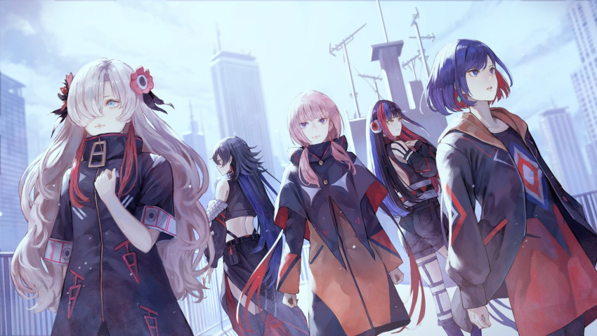 5girls black_legwear black_skirt blue_eyes blue_hair closed_mouth colored_inner_hair earrings flower grey_hair hair_flower hair_ornament hair_over_one_eye hand_on_own_chest harusaruhi highres isekai_joucho jewelry kaf_(kamitsubaki_studio) kamitsubaki_studio kaoming koko_(kamitsubaki_studio) long_hair low_twintails multicolored_hair multiple_girls one_eye_covered outdoors parted_lips pink_hair redhead rim_(kamitsubaki_studio) skirt standing streaked_hair thigh-highs twintails violet_eyes virtual_youtuber