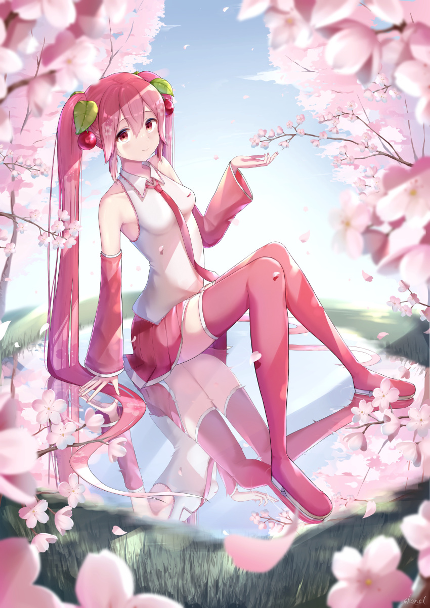 1girl absurdres bangs blush boots breasts cherry_blossoms cherry_hair_ornament closed_mouth collared_shirt detached_sleeves flower food-themed_hair_ornament hair_between_eyes hair_ornament hatsune_miku highres long_hair long_sleeves miniskirt necktie okome_(okome_0627ha) pink_footwear pink_hair pink_necktie pink_skirt pink_sleeves pleated_skirt red_eyes reflection sakura_miku shirt sitting skirt sleeveless sleeveless_shirt small_breasts smile solo spring_(season) thigh_boots twintails very_long_hair vocaloid white_flower white_shirt wing_collar zettai_ryouiki