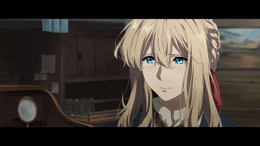 1girl bangs blonde_hair blue_jacket blush braid closed_mouth collared_shirt commentary_request derivative_work face hair_between_eyes highres indoors jacket lips long_sleeves looking_at_viewer shirt solo violet_evergarden violet_evergarden_(series) yuuri-622