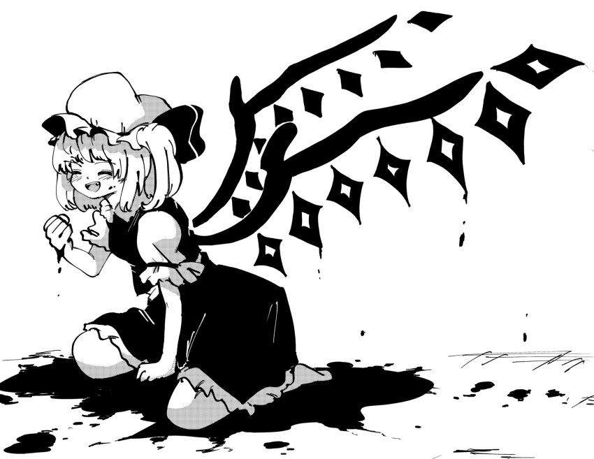1girl :d bangs blood closed_eyes crystal fang flandre_scarlet full_body hat hat_ribbon highres mob_cap monochrome one-hour_drawing_challenge one_side_up open_mouth ribbon seiza shirt short_hair simple_background sitting skirt smile solo touhou wings yoiyoimochi