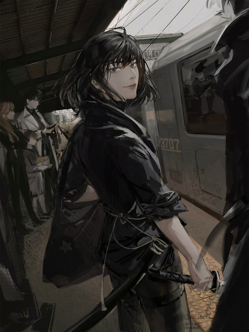 2girls 3boys artist_name black_eyes black_hair brown_hair child dok-ja_kim ground_vehicle highres holding holding_phone holding_sword holding_weapon jacket joonghyuk_yoo katana lee_gilyoung looking_at_viewer medium_hair multiple_boys multiple_girls omniscient_reader's_viewpoint overcast phone renibet sheath short_hair sleeves_rolled_up smile sooyoung_han subway subway_station sword train unsheathed weapon white_jacket yoo_sangah