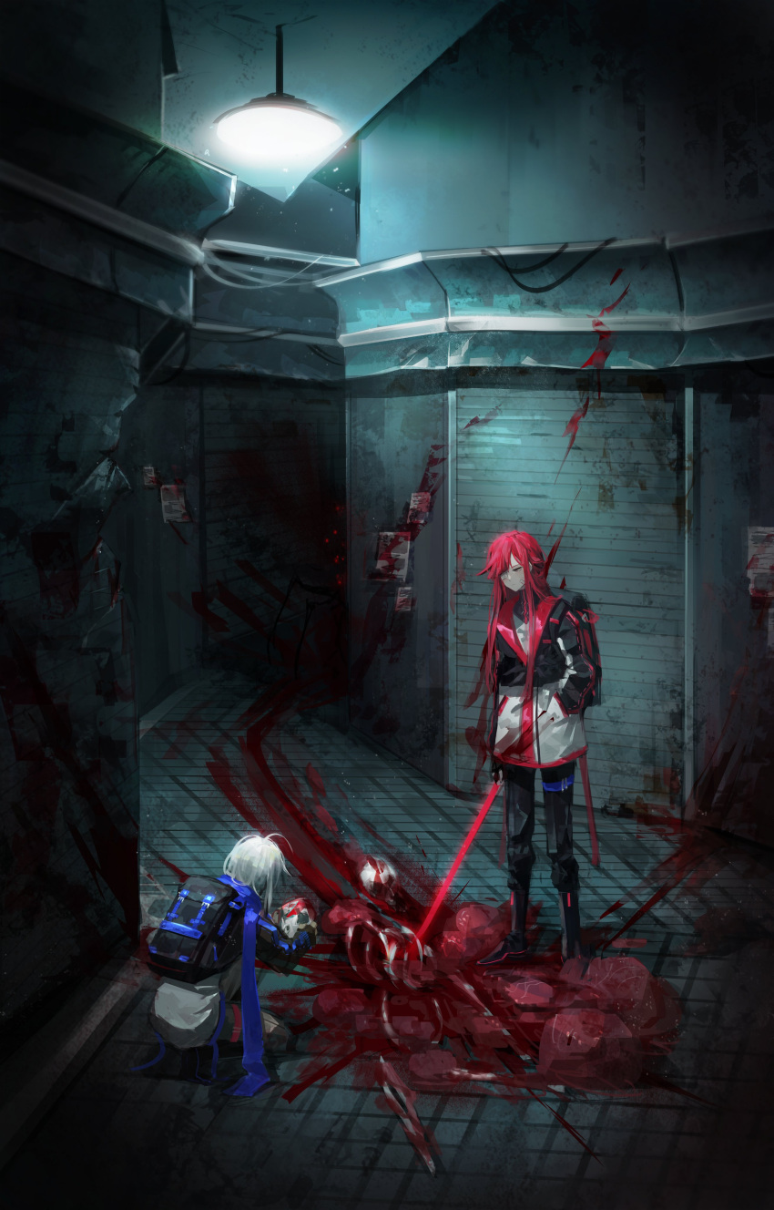 2girls absurdres backpack bag bandage_over_one_eye bandages bandaid bandaid_on_cheek bandaid_on_face black_footwear black_pants blood blood_on_wall blood_trail bone corpse guro highres limbus_company long_hair multiple_girls official_art pants project_moon redhead short_hair white_hair