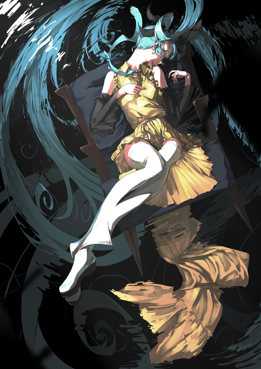 1girl absurdly_long_hair absurdres black_sleeves blue_hair blue_necktie collared_shirt commentary_request detached_sleeves facing_to_the_side from_above hatsune_miku highres long_hair necktie nico-tine on_chair pleated_skirt shirt skirt sleeveless sleeveless_shirt solo thigh-highs very_long_hair vocaloid water white_footwear white_legwear yellow_shirt yellow_skirt