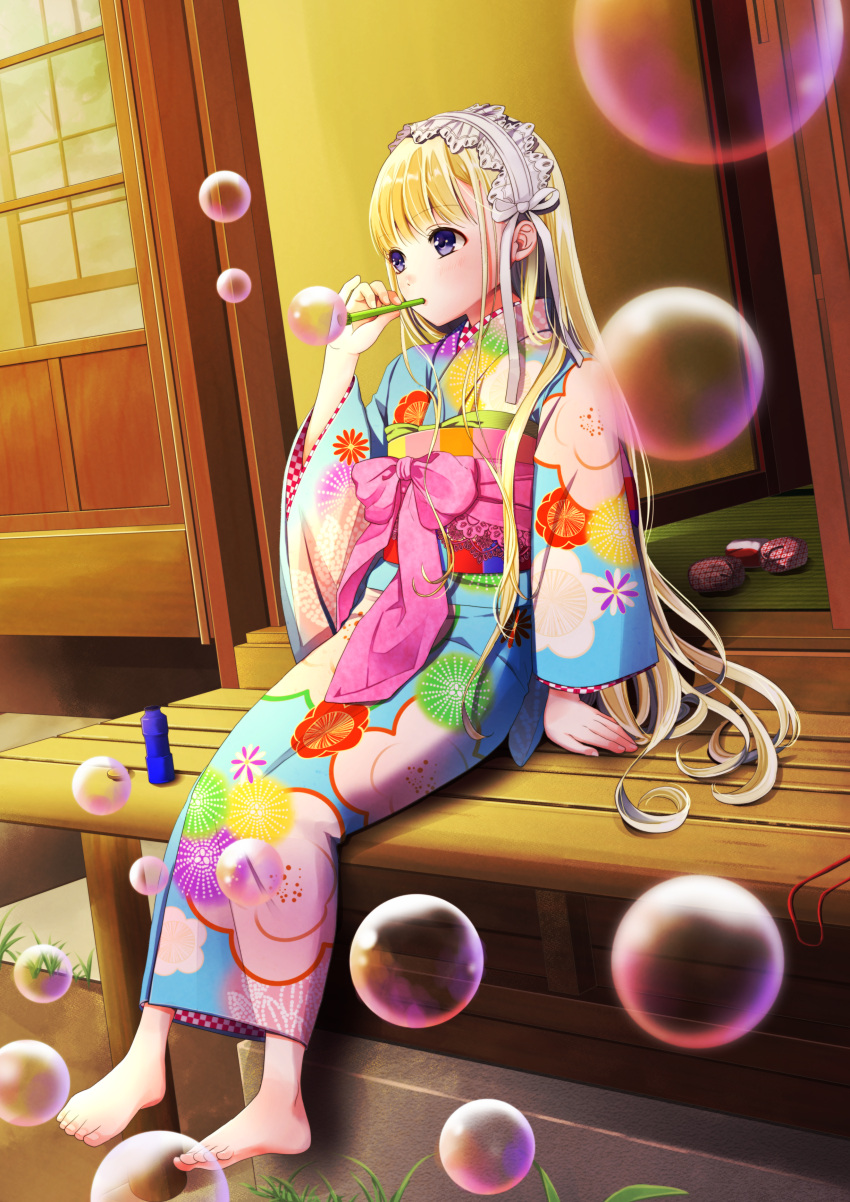 1girl absurdres architecture arm_support bangs barefoot blonde_hair blush bubble bubble_blowing bubble_pipe east_asian_architecture floral_print grass hairband hand_up highres japanese_clothes kimono lolita_hairband long_hair looking_afar obi original outdoors porch purple_hair sash sitting soap_bubbles solo tubakiyumi very_long_hair
