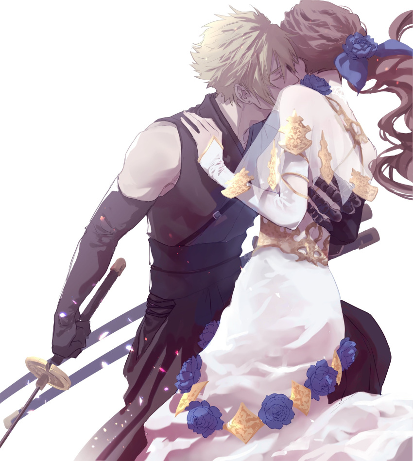 1boy 1girl aerith_gainsborough arm_around_back backless_dress backless_outfit black_gloves black_pants black_shirt blonde_hair blue_flower blue_rose breasts brown_hair closed_eyes cloud_strife couple demi_co detached_sleeves dress earrings face_in_neck final_fantasy final_fantasy_vii final_fantasy_vii_ever_crisis final_fantasy_vii_remake flower gloves hair_between_eyes hair_flower hair_ornament hair_ribbon hand_on_another's_shoulder highres holding holding_sword holding_weapon jewelry katana long_dress long_hair low_ponytail medium_breasts multiple_swords official_alternate_costume pants ribbon rose see-through shirt short_hair single_earring sleeveless sleeveless_shirt spiky_hair sword upper_body wavy_hair weapon white_background white_dress