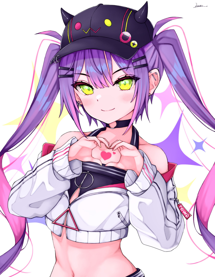 1girl absurdres choker cropped_jacket deokchun ear_piercing fake_horns green_eyes hat highres hololive horned_headwear horns long_hair midriff navel piercing purple_hair smile sparkle_background tokoyami_towa twintails virtual_youtuber