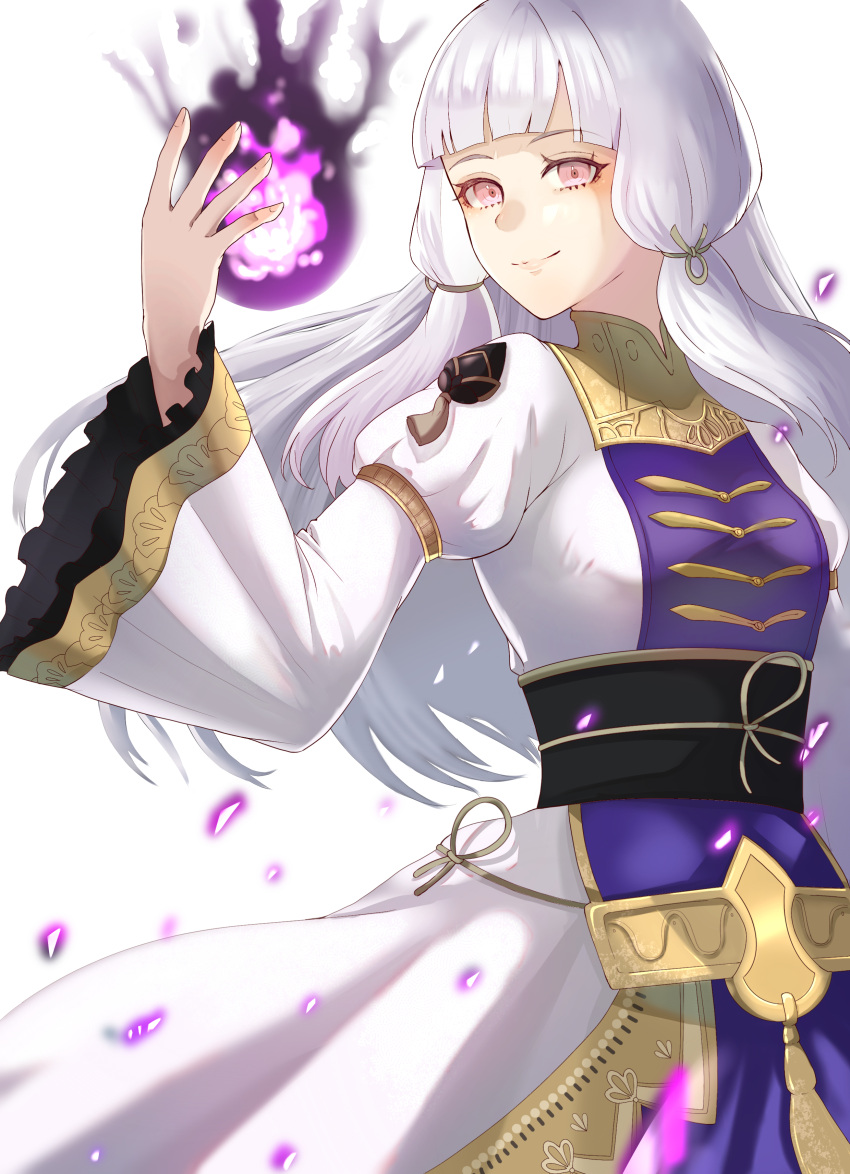 1girl absurdres bangs black_sash blunt_bangs breasts casting_spell closed_mouth cowboy_shot dress fire_emblem fire_emblem:_three_houses fire_emblem_warriors:_three_hopes gold_trim hand_up highres juliet_sleeves long_hair long_sleeves lysithea_von_ordelia magic obi official_alternate_costume official_alternate_hairstyle pink_eyes puffy_sleeves purple_dress sash simple_background small_breasts smile solo turning_head two-tone_dress tyotto_ko_i white_background white_dress white_hair wide_sleeves