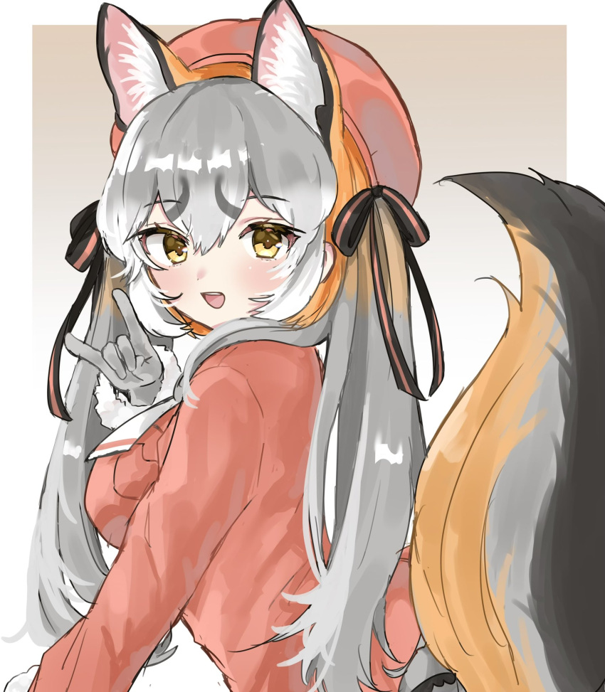 1girl animal_costume animal_ear_fluff animal_ears blazer fox_ears fox_girl fox_tail gloves hat highres island_fox_(kemono_friends) jacket kemono_friends kemono_friends_v_project long_hair looking_at_viewer megumi_222 necktie open_mouth ribbon smile solo tail twintails virtual_youtuber