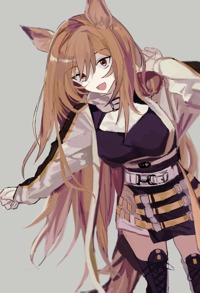 1girl animal_ears arknights bangs belt black_dress boots brown_hair ceobe_(arknights) coat cross-laced_footwear dress fang hand_up high_collar highres lace-up_boots long_hair long_sleeves looking_at_viewer marumarukin open_clothes open_coat open_mouth outstretched_arm red_eyes smile solo tail thigh_boots white_coat