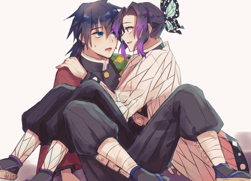1boy 1girl bangs belt black_hair blue_eyes blush breasts butterfly_hair_ornament buttons closed_mouth colored_tips commentary_request dark_blue_hair demon_slayer_uniform eyelashes hair_ornament haori jacket japanese_clothes kimetsu_no_yaiba kochou_shinobu large_breasts looking_at_another low_ponytail multicolored_clothes multicolored_hair multicolored_jacket open_mouth patterned_clothing puffy_pants purple_hair sandals simple_background sitting sitting_on_lap sitting_on_person sweatdrop tanuyama teeth tomioka_giyuu two-sided_fabric upper_teeth violet_eyes white_background white_belt