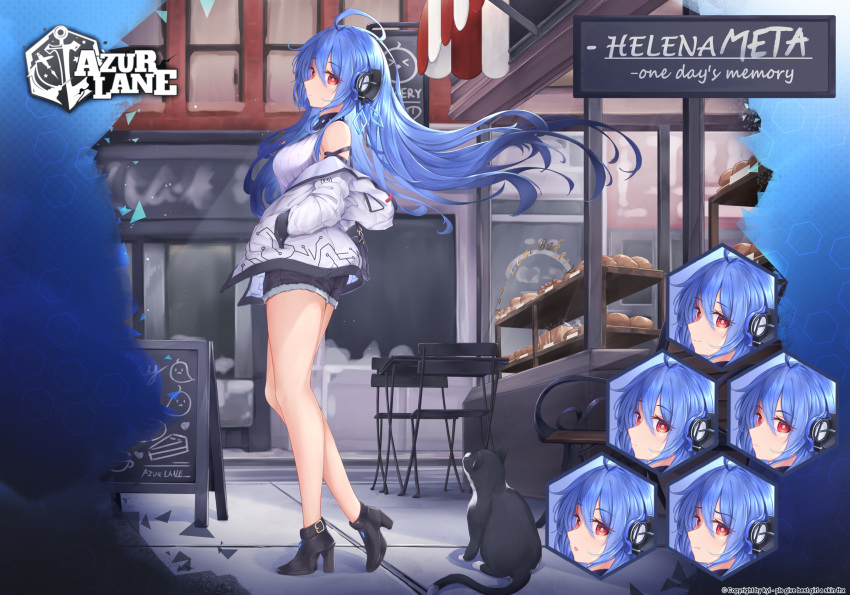 1girl alternate_costume azur_lane bare_legs bare_shoulders black_shorts blue_gemstone blue_hair casual character_name copyright_name cutoffs expressionless expressions fake_screenshot floating_hair from_side frown full_body gem hands_in_pockets headgear helena_(azur_lane) helena_(meta)_(azur_lane) high_heels highres hood hooded_jacket jacket jewelry kyl490 leg_up legs long_hair looking_at_viewer looking_to_the_side necklace off_shoulder open_mouth parody pout red_eyes red_gemstone shirt short_shorts shorts sleeveless sleeveless_shirt smile solo striped striped_shirt thighs tiptoes vertical-striped_shirt vertical_stripes very_long_hair walking white_jacket white_shirt