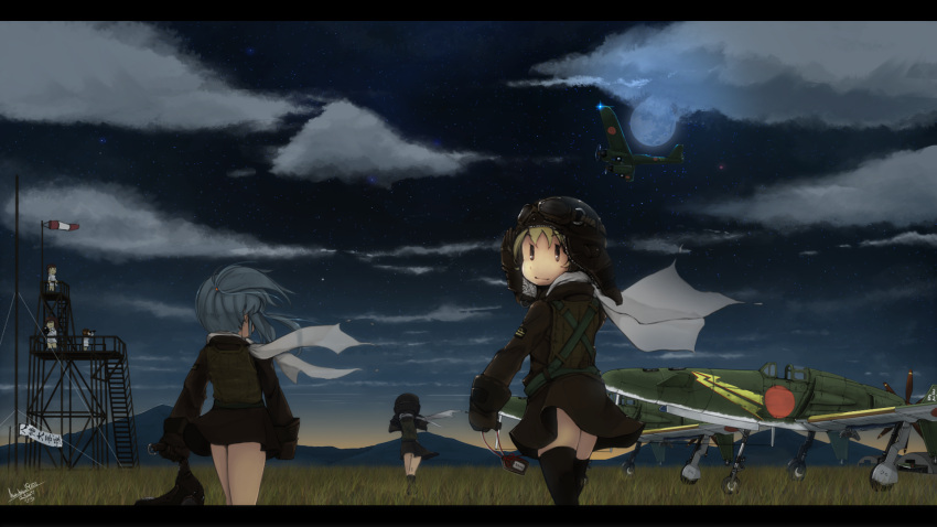 aircraft airplane blonde_hair blue_hair clouds fairy_(kancolle) full_moon harumiya_hiro highres j7w_shinden kantai_collection long_sleeves moon night night_sky outdoors pilot pilot_helmet ponytail propeller scarf sky solid_oval_eyes star_(sky) walking white_scarf