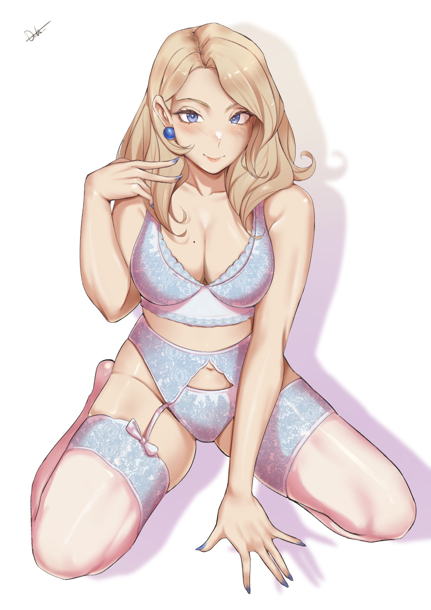 1girl absurdres blonde_hair blue_eyes blush breasts closed_mouth delicious_brain earrings fire_emblem fire_emblem:_three_houses fire_emblem_warriors:_three_hopes garter_straps highres jewelry large_breasts lingerie long_hair looking_at_viewer mercedes_von_martritz navel seiza sexually_suggestive simple_background sitting smile solo thigh-highs underwear