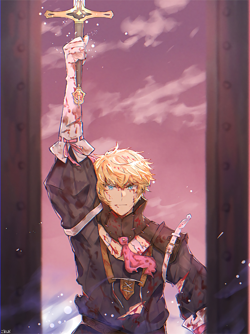 1boy blonde_hair blood blood_on_clothes blood_on_face blue_eyes cuts door durandal_(fate) fate/grand_order fate_(series) gloves glowing glowing_sword glowing_weapon highres holding holding_sword holding_weapon injury male_focus necktie roland_(fate) sword through_door torn_clothes weapon white_gloves