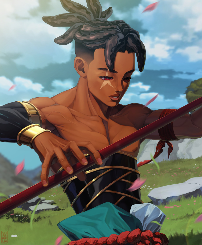 1boy abs absurdres arm_wrap biceps black_hair blurry blurry_background clouds cloudy_sky dark-skinned_male dark_skin day dreadlocks english_commentary eyebrow_cut grass highres lips looking_at_object looking_away male_focus nipples original parted_lips polearm red_eyes rock scar scar_across_eye sky soberpen solo toned toned_male upper_body veins very_dark_skin weapon