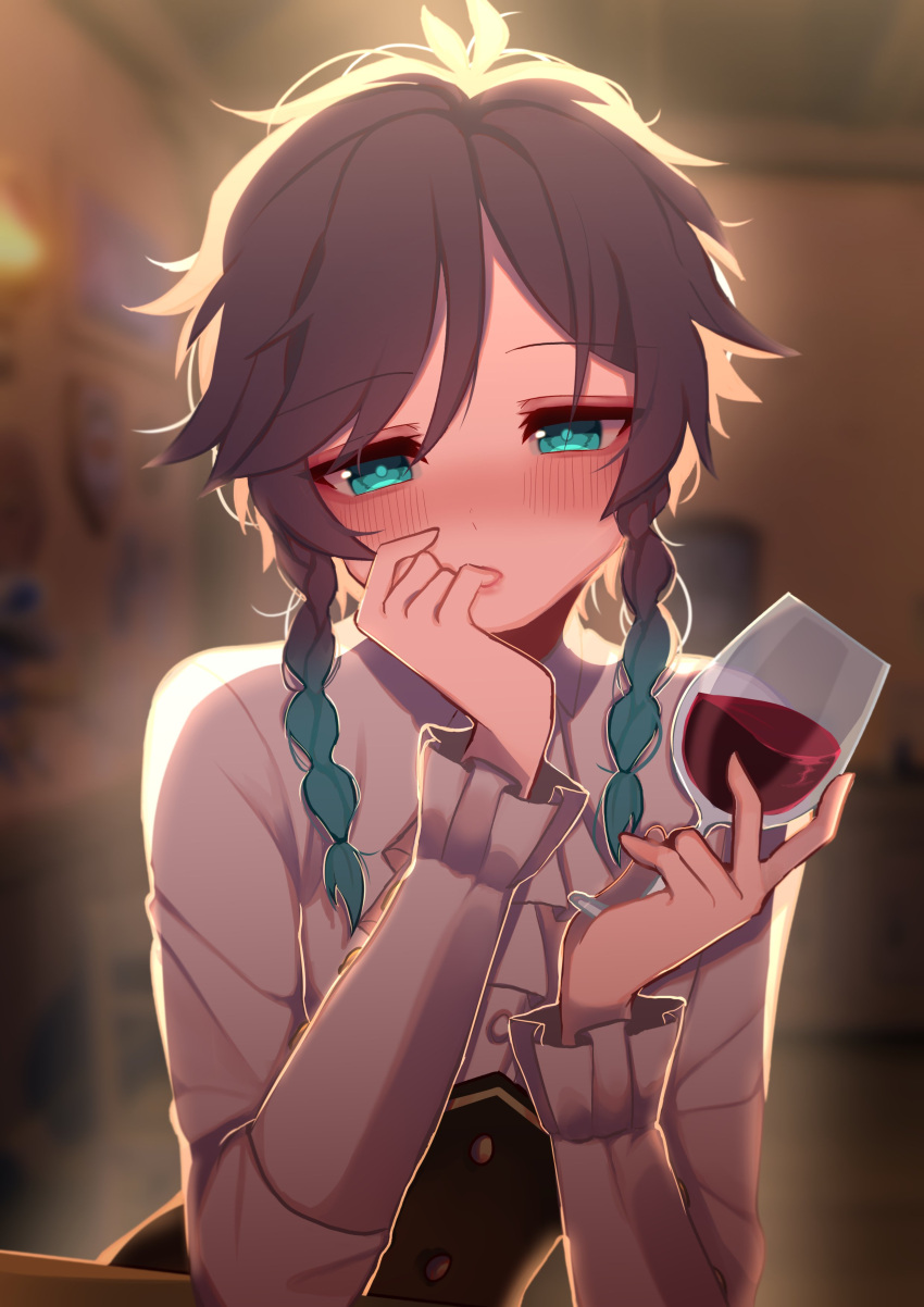 1boy 5mi_gi absurdres alcohol androgynous bangs black_hair blush braid cup drunk eyebrows_behind_hair eyebrows_visible_through_hair genshin_impact glass green_eyes hair_between_eyes highres holding holding_cup indoors looking_at_viewer multicolored_hair shirt short_hair solo twintails upper_body venti_(genshin_impact) wine
