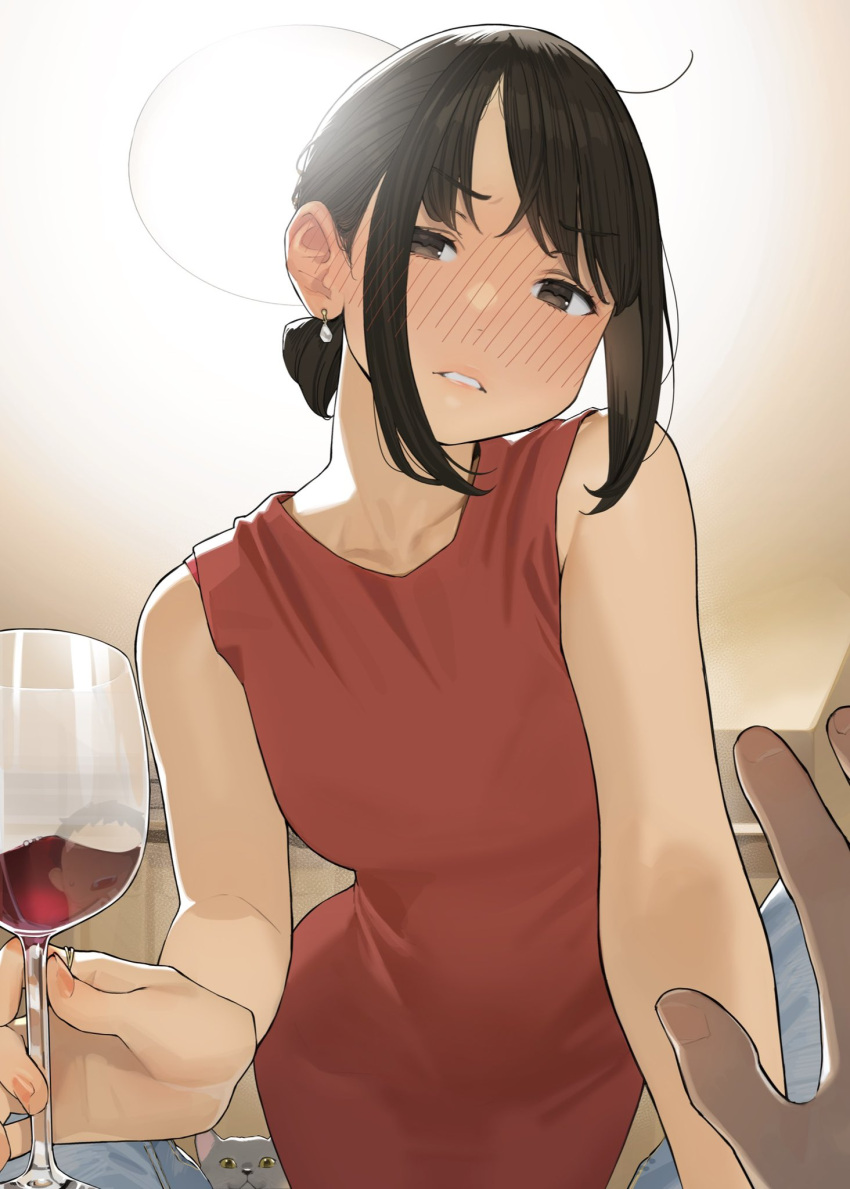 1boy 1girl alcohol animal blush brown_eyes brown_hair cat collarbone commentary_request cup douki-chan_(douki-chan) douki-kun_(douki-chan) dress drinking_glass drunk ear_blush earrings eyebrows_visible_through_hair fingernails ganbare_douki-chan highres holding holding_cup indoors jewelry lips looking_at_viewer parted_lips pov red_dress short_hair sidelocks sleeveless sleeveless_dress solo_focus wine wine_glass yomu_(sgt_epper)