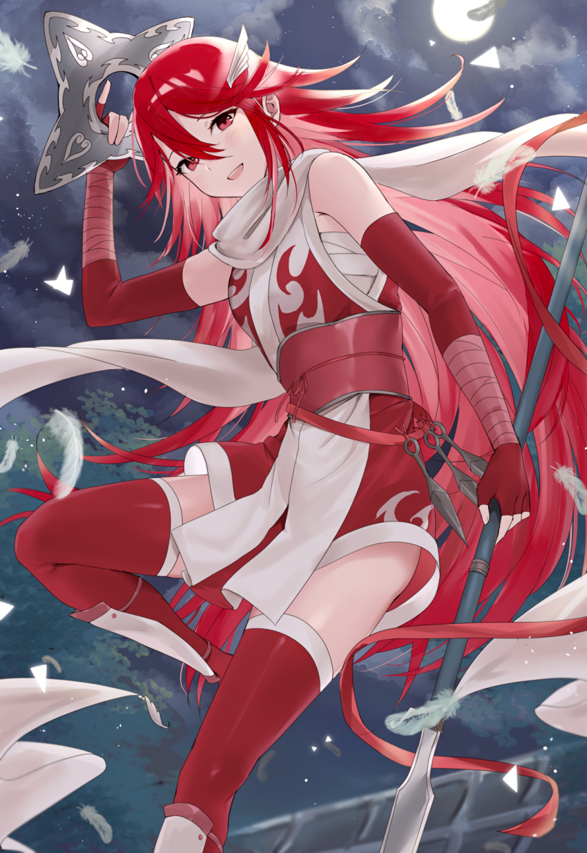 1girl alternate_costume bangs bare_shoulders blush clouds commentary_request cordelia_(fire_emblem) elbow_gloves fingerless_gloves fire_emblem fire_emblem_awakening gloves hair_between_eyes hair_ornament haru_(nakajou-28) highres holding holding_polearm holding_weapon japanese_clothes kimono kunai long_hair looking_at_viewer moon night night_sky ninja obi open_mouth outdoors polearm red_eyes red_gloves red_kimono red_legwear redhead sash scarf shuriken sky sleeveless sleeveless_kimono smile solo spear thigh-highs very_long_hair weapon white_scarf wing_hair_ornament