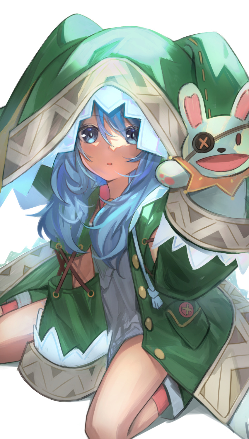 1girl absurdres animal_ears bangs between_legs blue_eyes blue_hair coat date_a_live dress eyebrows_visible_through_hair fake_animal_ears green_coat grey_dress hair_between_eyes hand_between_legs highres hood hood_up hooded_coat kouhiipan long_hair looking_at_viewer open_clothes open_coat open_mouth pink_legwear rabbit_ears short_dress simple_background sitting sleeves_past_wrists solo wariza white_background yoshino_(date_a_live) yoshinon