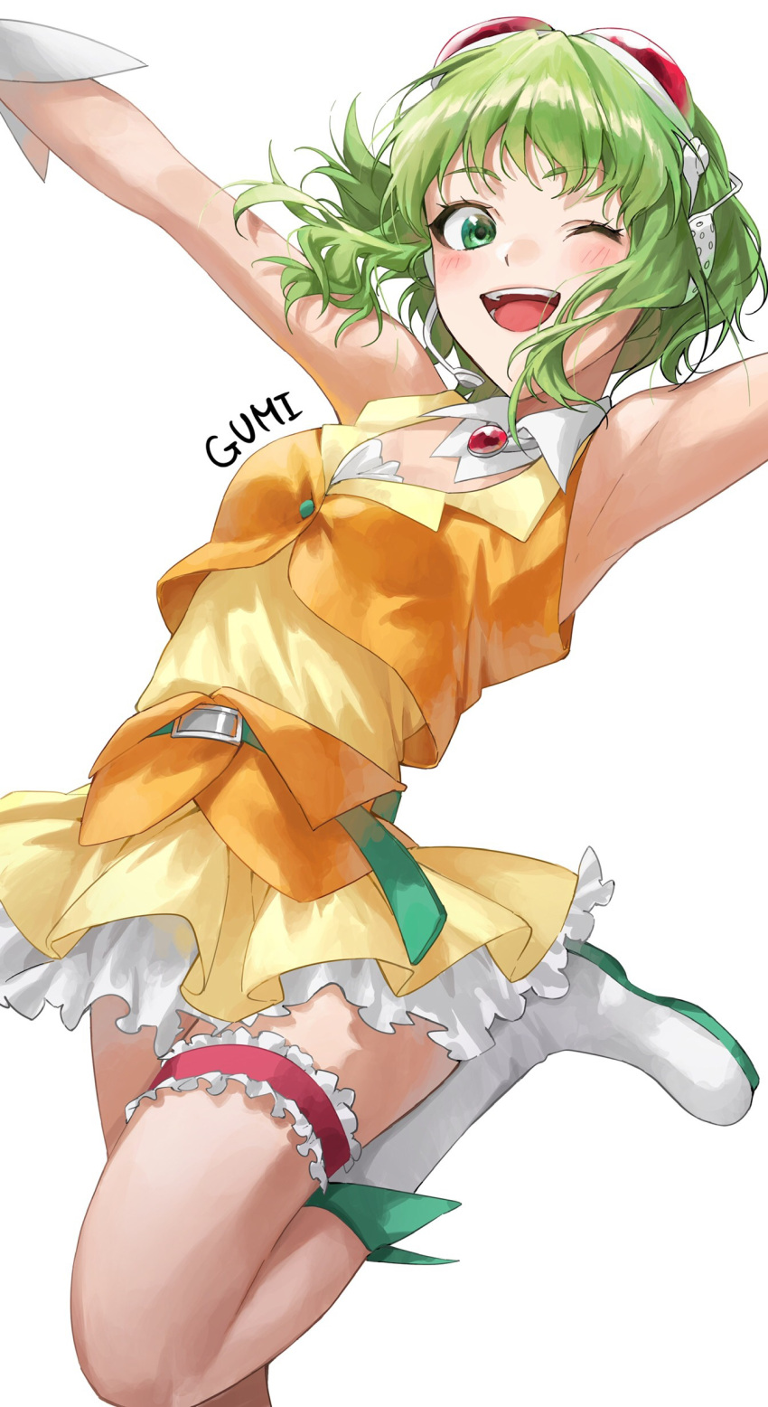 1girl ;d absurdres armpits arms_up bangs belt blush boots bridal_garter character_name clothing_cutout collared_shirt coppepan crop_top cropped_vest frills gem goggles goggles_on_head green_eyes green_hair gumi headphones highres jewelry layered_clothes looking_at_viewer necklace one_eye_closed open_mouth petticoat shirt short_hair skirt smile solo standing standing_on_one_leg vest vocaloid wrist_cuffs