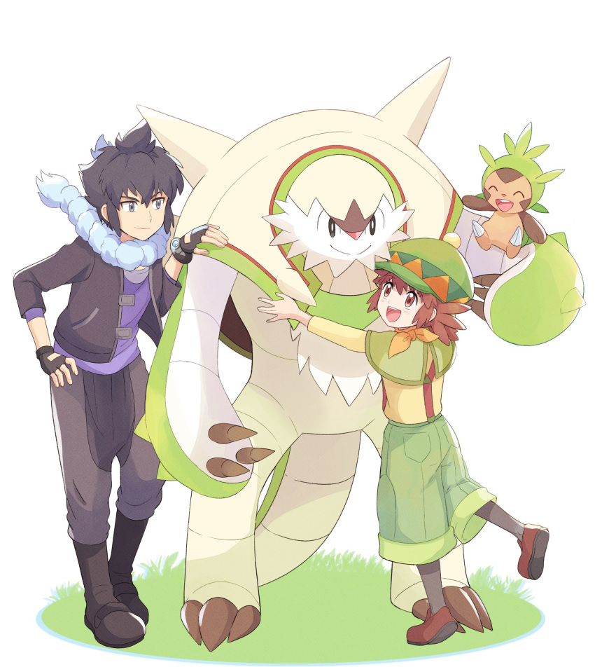 1boy 1girl alain_(pokemon) bangs black_hair blue_scarf boots brown_hair capelet capri_pants chesnaught chespin closed_mouth commentary_request fingerless_gloves gloves grass green_capelet green_headwear green_pants hat highres jacket leg_up mairin_(pokemon) mei_(maysroom) open_clothes open_jacket pants pokemon pokemon_(anime) pokemon_(creature) pokemon_xy_(anime) protected_link purple_shirt scarf shirt shoes short_hair smile standing suspenders yellow_shirt