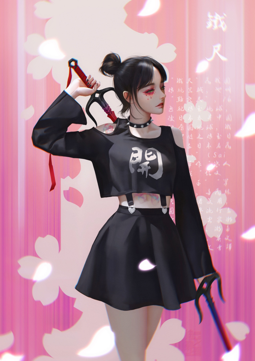 1girl absurdres black_hair black_nails choker cowboy_shot dagger digele double-blade floral_background green_eyes hair_bun highres knife long_sleeves looking_to_the_side makeup original parted_lips pink_background shirt_overhang single_hair_bun skirt solo spiked_choker spikes tattoo weapon