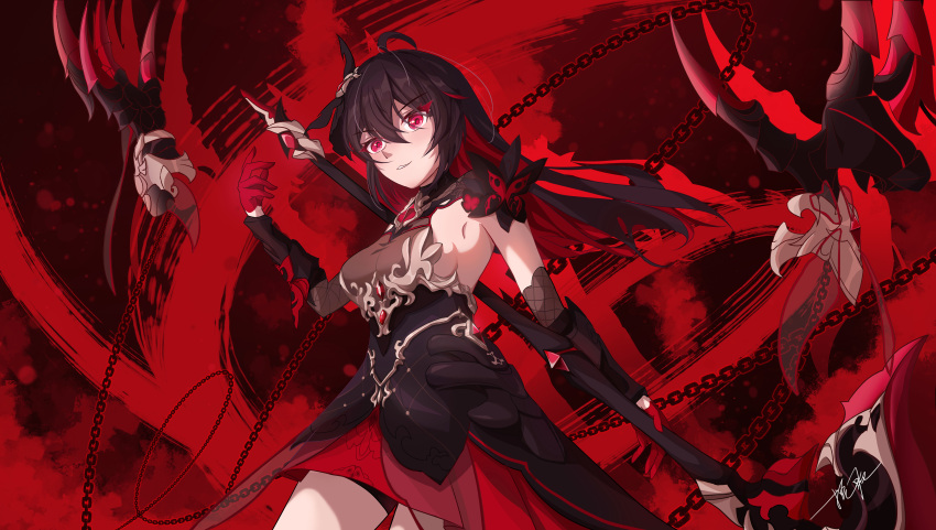 1girl absurdres ahoge armlet bangs black_dress closed_mouth dress gloves grin hair_ornament highres holding holding_scythe holding_weapon honkai_(series) honkai_impact_3rd long_hair ooo_wange red_background red_eyes red_gloves redhead scythe seele_(alter_ego) seele_vollerei seele_vollerei_(stygian_nymph) sleeveless sleeveless_dress smile solo weapon