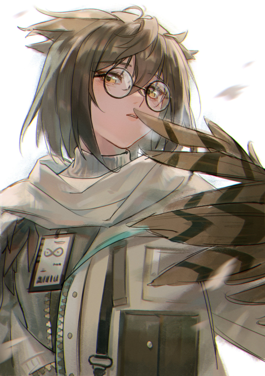 1girl absurdres arknights bangs bird_wings brown_hair chinese_commentary commentary_request eyebrows_visible_through_hair feather_hair feathers glasses grey_jacket grey_scarf grey_sweater hair_between_eyes highres id_card jacket lipstick long_sleeves looking_at_viewer makeup open_clothes open_jacket parted_lips pocket rhine_lab_logo round_eyewear scarf short_hair silence_(arknights) silence_(frosted_breath)_(arknights) solo sweater upper_body white_background wings yellow_eyes zhongmu zipper