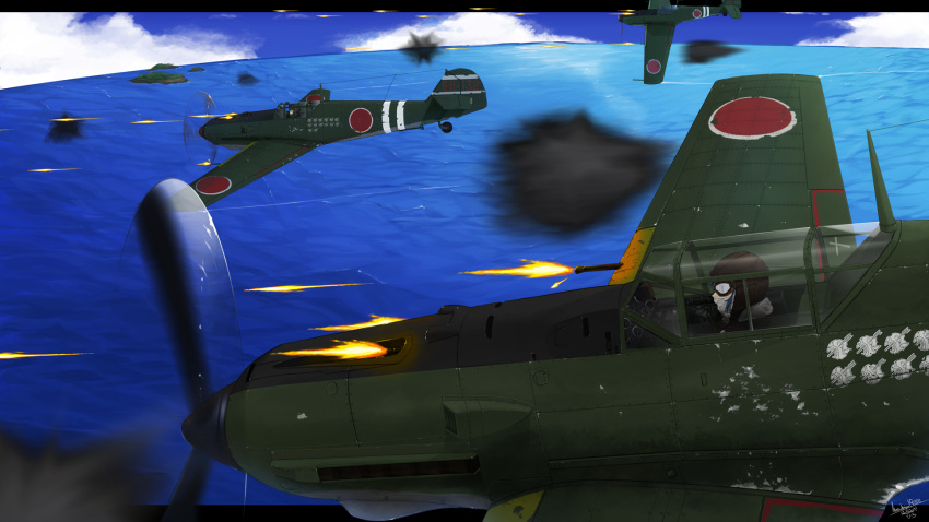 2girls aircraft airplane bf_109 blue_sky cannon clouds day fairy_(kancolle) harumiya_hiro highres island kantai_collection multiple_girls ocean outdoors pilot_helmet propeller roundel sky vehicle_focus