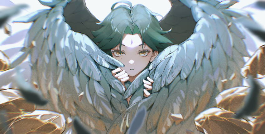 1boy 57friend absurdres eyelashes eyeshadow facial_mark feathered_wings feathers forehead_mark genshin_impact green_hair highres looking_at_viewer makeup male_focus parted_lips red_eyeshadow rock simple_background solo upper_body white_background wings xiao_(genshin_impact) yellow_eyes