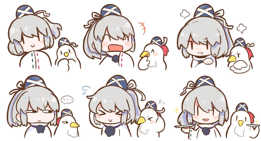 ... 1girl :d :t ^_^ arm_behind_head bird blue_headwear chicken closed_eyes closed_mouth crossed_arms expressions flying_sweatdrops grey_hair hands_in_opposite_sleeves hat highres holding holding_plate ikururu japanese_clothes kariginu laughing long_hair medium_hair mononobe_no_futo mononobe_no_futo_(chicken) multiple_views open_mouth plate ponytail pout ribbon-trimmed_sleeves ribbon_trim simple_background smile spoken_ellipsis star_(symbol) tate_eboshi touhou upper_body white_background wide_sleeves