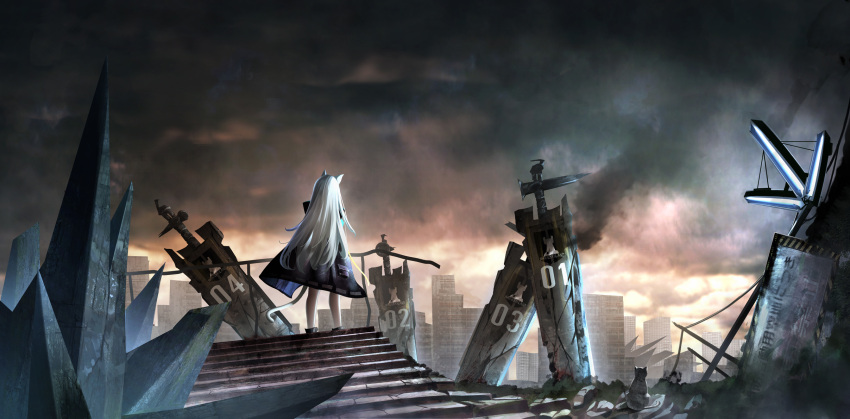 1girl animal animal_ears arknights black_jacket building cat cat_ears cat_girl cat_tail clouds cloudy_sky commentary_request facing_away from_behind grey_hair highres jacket kureneko lamp long_hair open_clothes open_jacket railing rosmontis_(arknights) ruins scenery sign sky skyscraper solo stairs standing stone_stairs tail very_long_hair