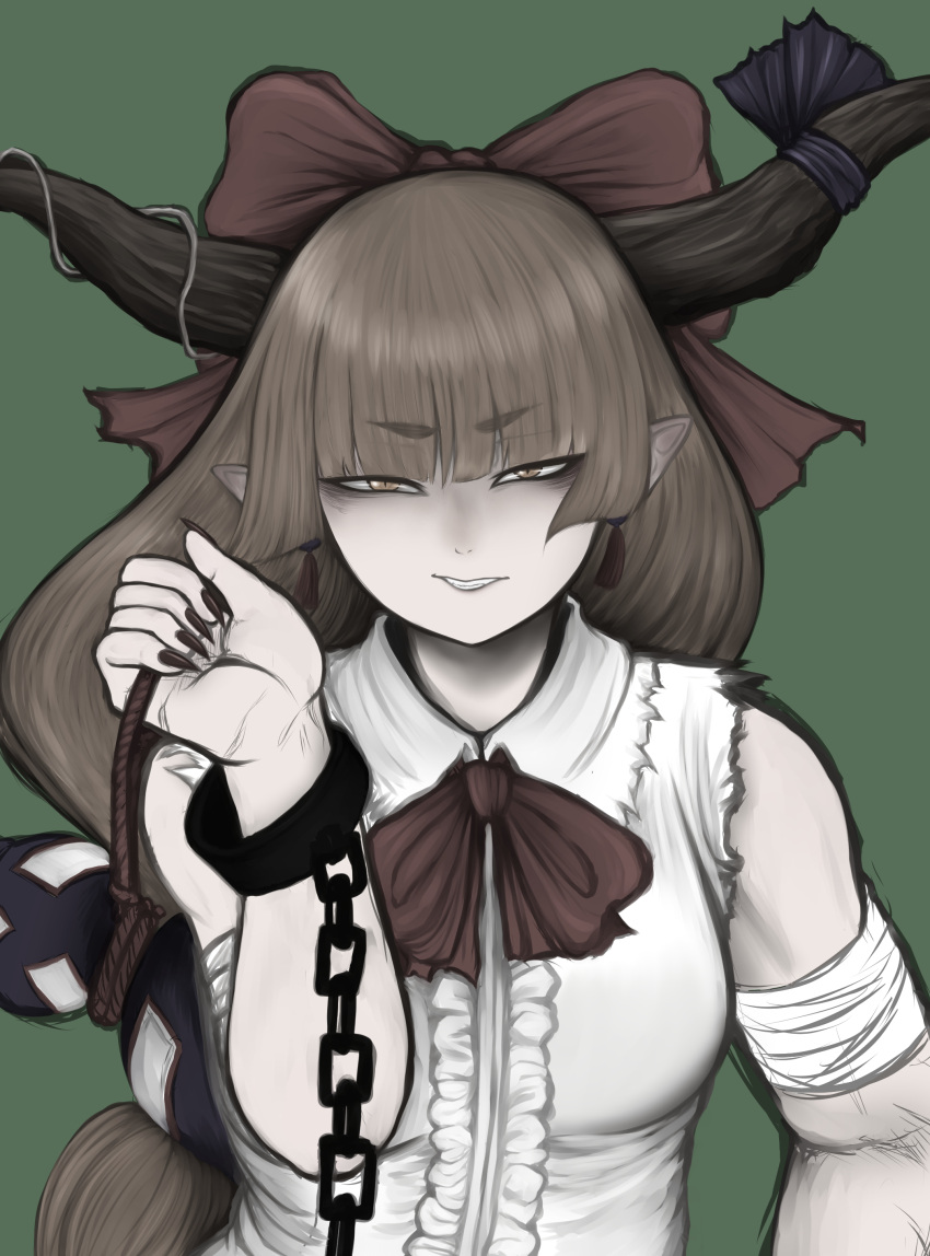 1girl absurdres bangs blunt_bangs bow bowtie breasts brown_eyes brown_hair brown_horns chain commentary_request cuffs eyebrows_visible_through_hair fingernails gourd green_background hair_bow highres horn_bow horn_ornament horns ibuki_suika long_hair looking_at_viewer low-tied_long_hair medium_breasts miazuma_sarin pointy_ears purple_bow red_bow red_bowtie sharp_fingernails shirt simple_background sleeveless sleeveless_shirt solo torn_clothes torn_sleeves touhou upper_body white_shirt
