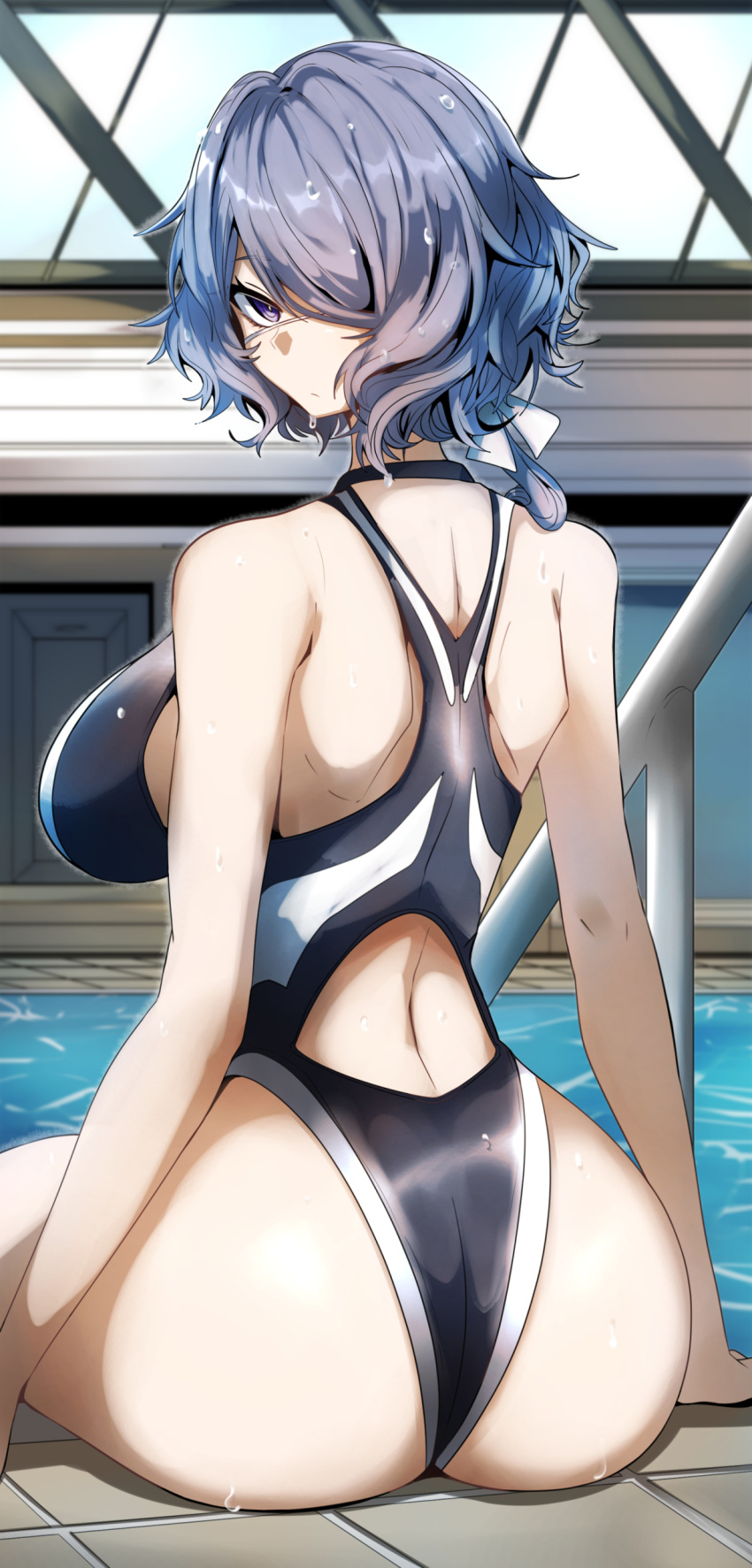 1girl absurdres arknights ass breasts competition_swimsuit gin_moku hair_over_one_eye highres huge_ass large_breasts looking_at_viewer medium_hair one-piece_swimsuit solo swimsuit