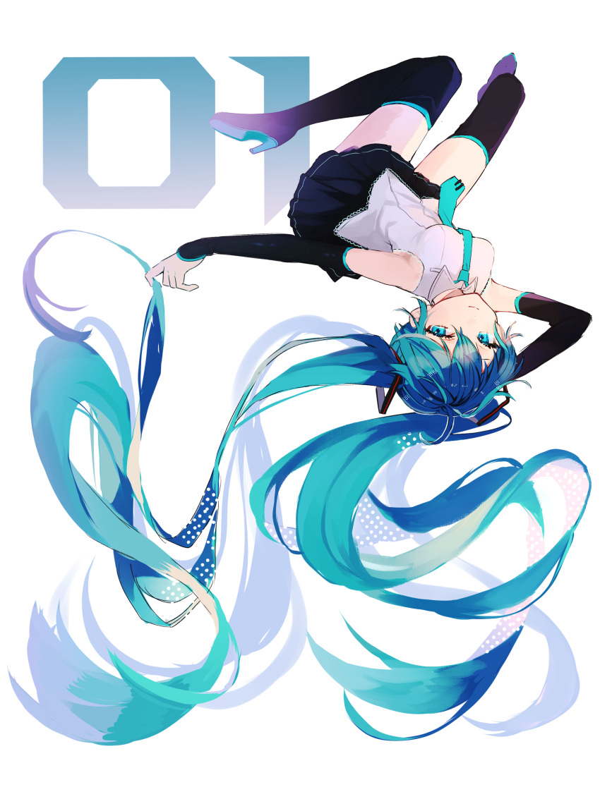 1girl absurdres aqua_hair aqua_necktie arm_behind_head arm_up black_footwear black_skirt blue_eyes blue_hair boots cha_sakura closed_mouth eyebrows_visible_through_hair gradient grey_background hair_between_eyes hatsune_miku high_heels highres long_hair multicolored_hair necktie purple_hair simple_background skirt smile solo thigh_boots twintails upside-down very_long_hair voiceroid