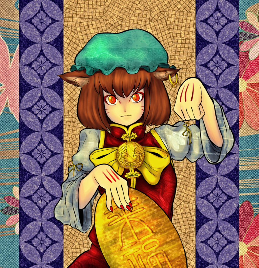 1girl absurdres animal_ear_fluff animal_ears bangs bow bowtie brown_hair cat_ears chen closed_mouth earrings gold green_headwear hat highres jewelry koban_(gold) looking_at_viewer maneki-neko miazuma_sarin mob_cap orange_eyes paw_pose red_nails red_skirt red_vest shirt short_hair single_earring skirt skirt_set solo third-party_source touhou upper_body vest white_shirt yellow_bow yellow_bowtie