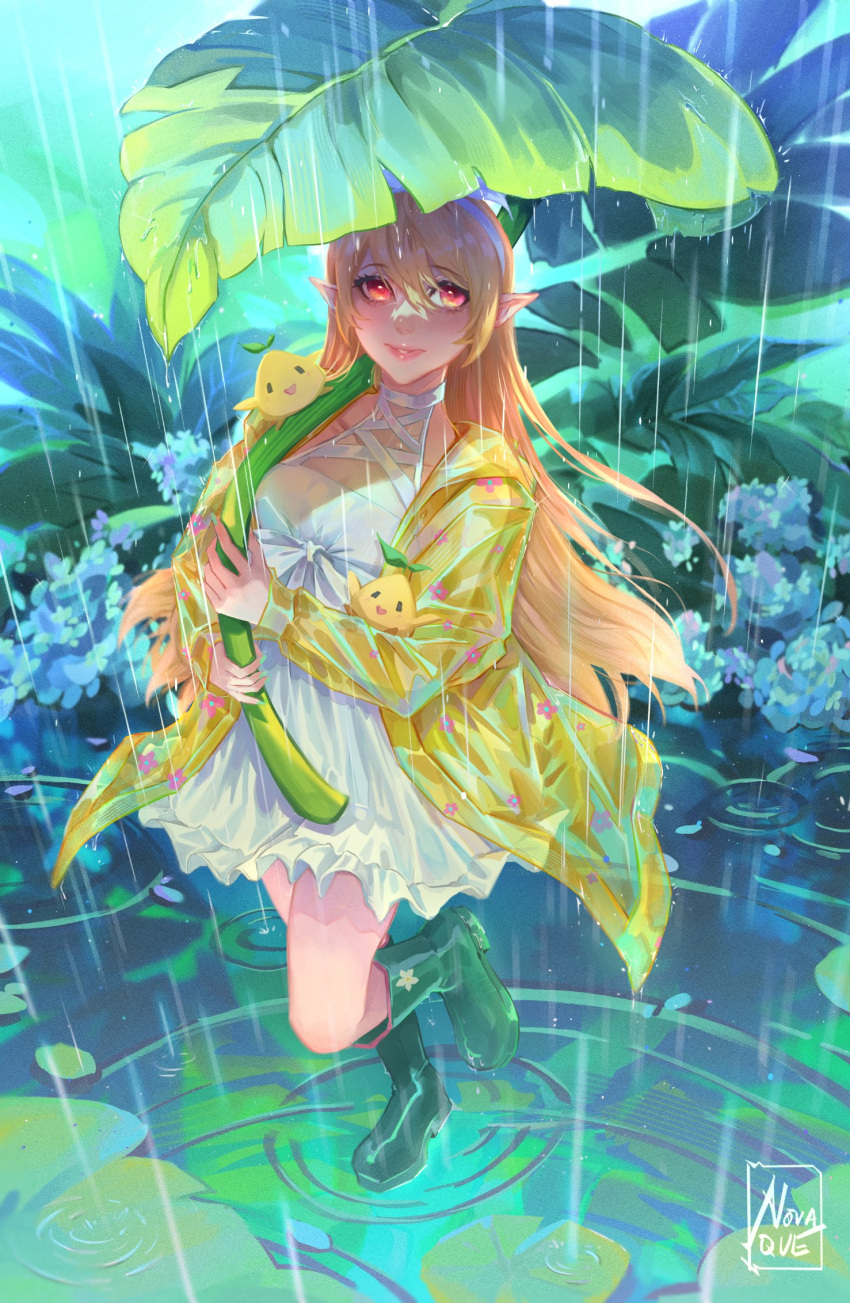 1girl blonde_hair boots dress fairy frilled_dress frills hair_ribbon highres leaf_umbrella long_hair looking_at_viewer nijisanji nijisanji_en novaque pointy_ears pomu_rainpuff pomudachi_(pomu_rainpuff) rain raincoat red_eyes ribbon rubber_boots signature solo transparent_raincoat virtual_youtuber yellow_raincoat