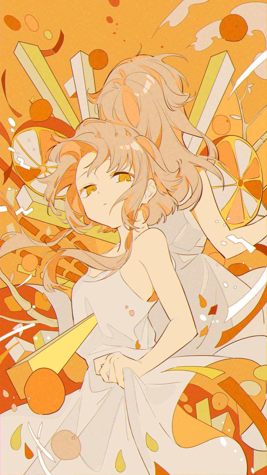 2girls absurdres back-to-back cevio chromatic_aberration citrus_(vocaloid) closed_mouth dress floating_hair food fruit highres ia_(vocaloid) light_brown_hair multiple_girls omutatsu one_(cevio) orange_(fruit) orange_background orange_eyes orange_slice orange_theme skirt_hold sundress two-sided_dress two-sided_fabric vocaloid white_dress