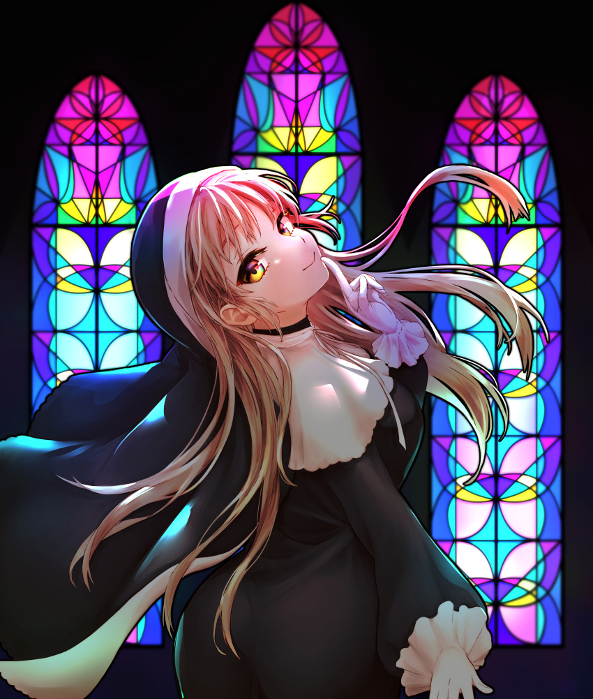 1girl absurdres backlighting brown_hair festa11307070 finger_to_mouth gloves habit head_tilt highres indoors long_hair looking_at_viewer looking_back nijisanji nun sister_cleaire solo stained_glass virtual_youtuber window