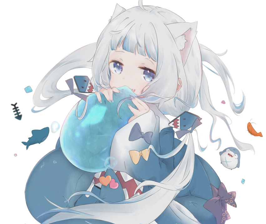 1girl animal_costume animal_hood bangs bloop_(gawr_gura) blue_eyes blue_hair blue_hoodie blunt_bangs fish_tail gawr_gura hair_ornament highres hololive hololive_english holomyth hood hoodie long_hair long_sleeves looking_at_viewer low_twintails multicolored_hair ribbon shark_costume shark_girl shark_hair_ornament shark_hood shark_tail sharp_teeth sleeves_past_wrists streaked_hair tail teeth twintails virtual_youtuber white_hair wide_sleeves