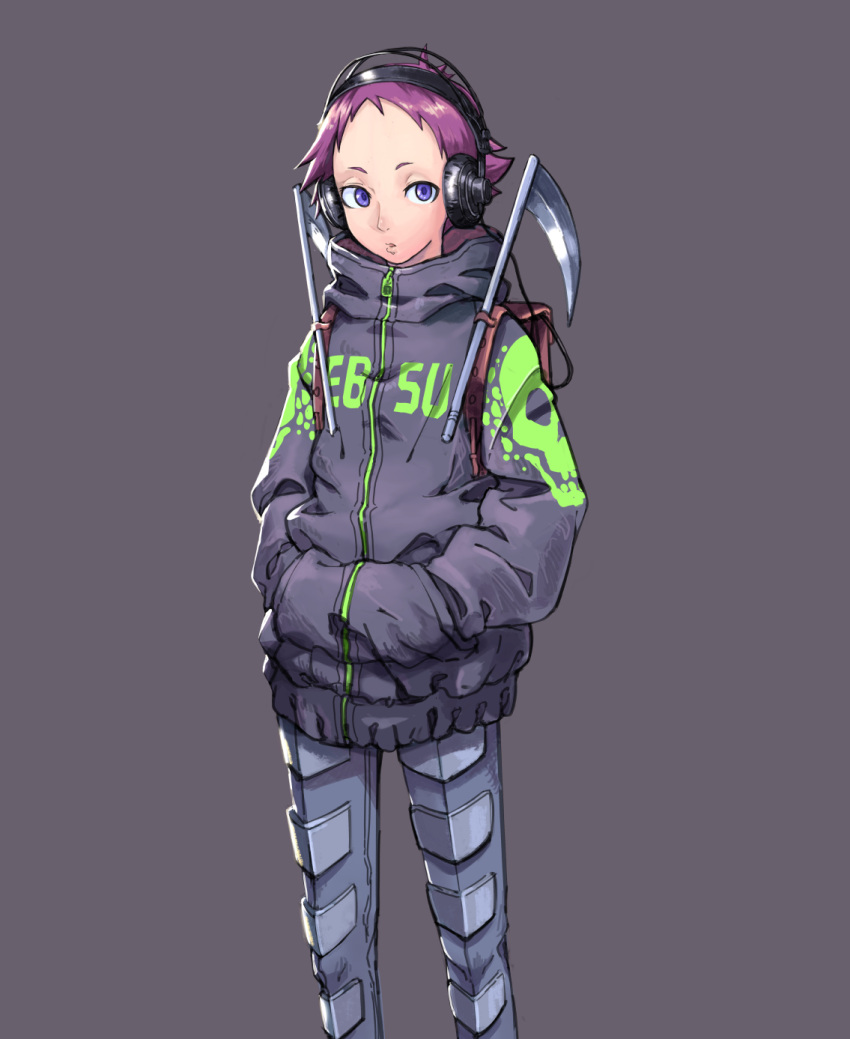 1girl armor backpack bag black_jacket cable character_name clothes_writing dorohedoro ebisu_(dorohedoro) feet_out_of_frame grey_background hands_in_pockets headphones highres jacket long_sleeves noe_yagyo pants puckered_lips purple_hair scythe short_hair simple_background skull_print solo violet_eyes weapon