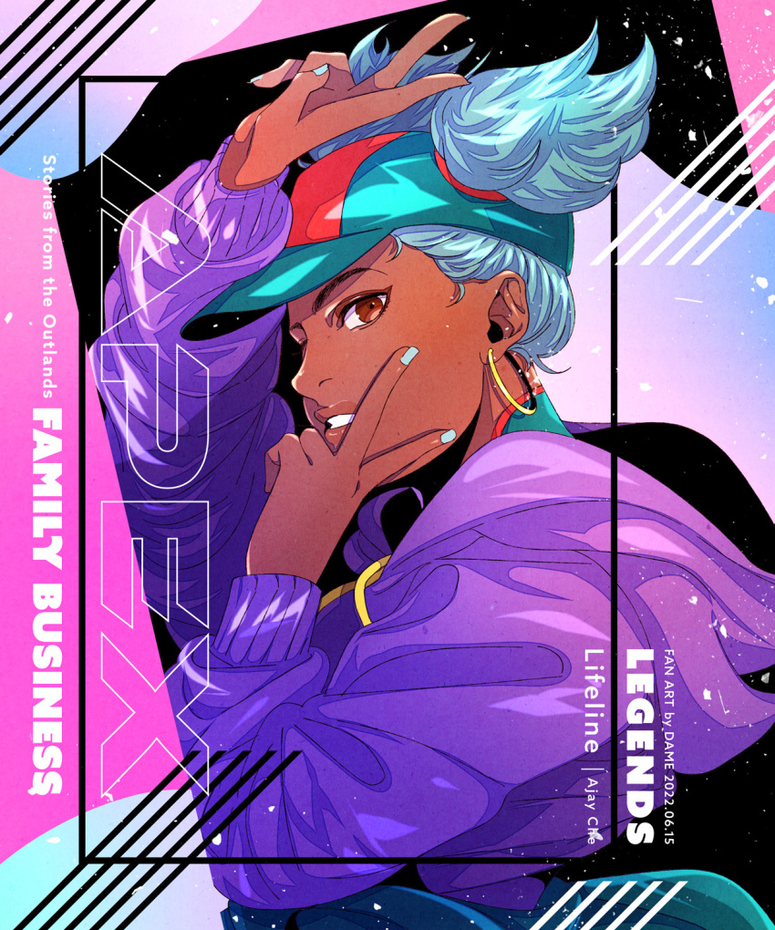 1girl apex_legends baseball_cap black_headwear blue_hair blue_nails brown_eyes character_name copyright_name dame_(dame_ice) dark-skinned_female dark_skin double_v earrings from_side hat highres hoop_earrings jewelry lifeline_(apex_legends) looking_at_viewer parted_lips short_twintails solo twintails v