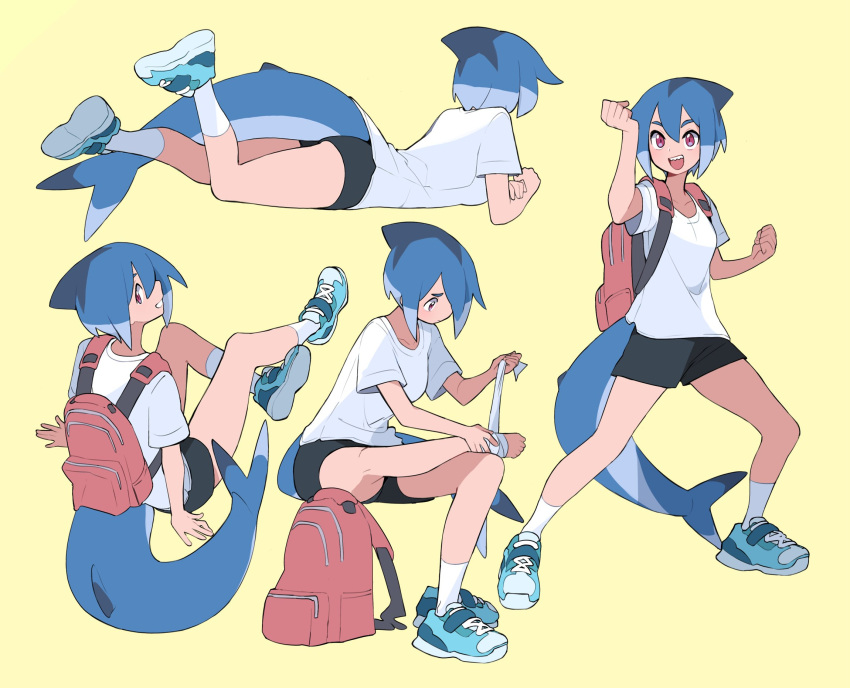1girl applying_bandages azuumori backpack bag bandaged_foot bandages bangs black_shorts blue_footwear blue_hair bob_cut breasts clenched_hand closed_mouth collarbone commentary english_commentary feet_up fish_tail from_behind full_body furrowed_brow grin hair_between_eyes hand_up highres invisible_chair looking_at_viewer looking_down lying medium_breasts medium_hair multicolored_hair multiple_views on_stomach open_mouth original pink_bag red_eyes shark_girl_(azuumori) shark_tail sharp_teeth shirt shoes short_sleeves shorts simple_background sitting smile sneakers socks sprain standing tail teeth thick_eyebrows upper_teeth white_legwear white_shirt yellow_background