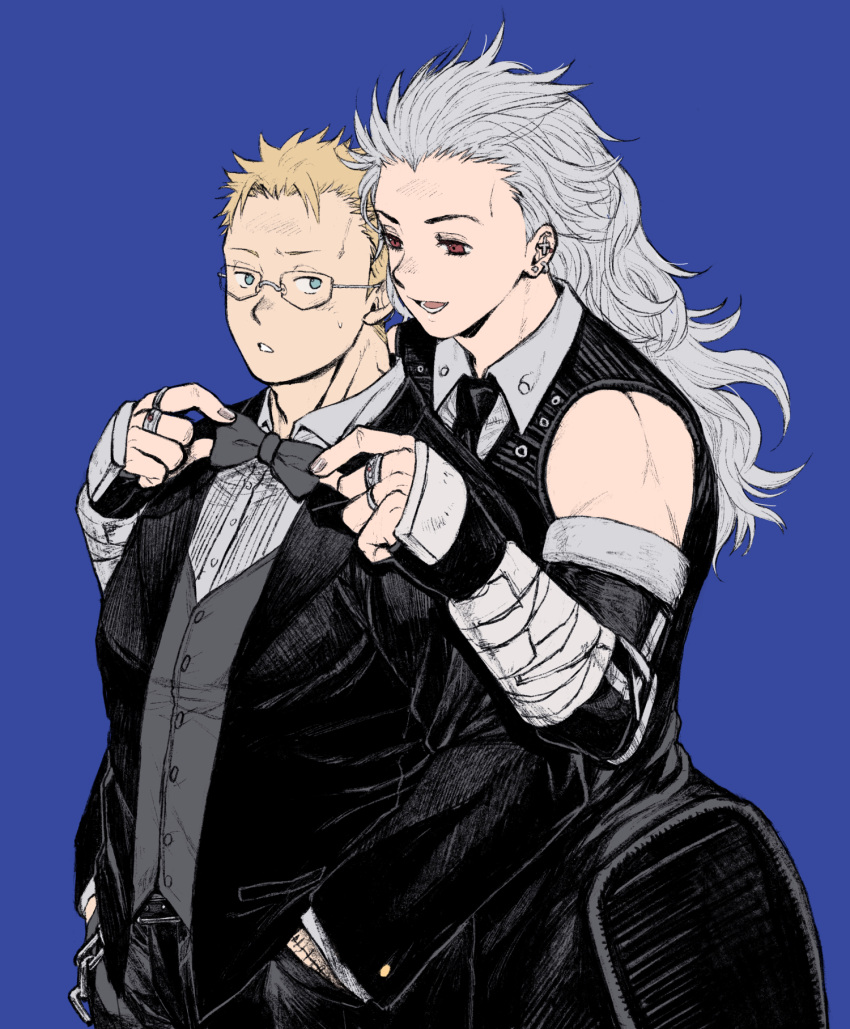 1boy 1girl :d :o adjusting_bowtie black_jacket black_necktie black_pants blonde_hair blue_background blue_eyes bow bowtie collared_shirt detached_sleeves dorohedoro dress dressing_another ear_piercing earrings formal glasses grey_bow grey_bowtie grey_hair grey_vest hands_in_pockets hands_up highres jacket jewelry ki_(mxxxx) long_hair long_sleeves looking_at_another looking_at_viewer necktie noi_(dorohedoro) pants piercing red_eyes shin_(dorohedoro) shirt short_hair simple_background smile suit upper_body vest white_shirt