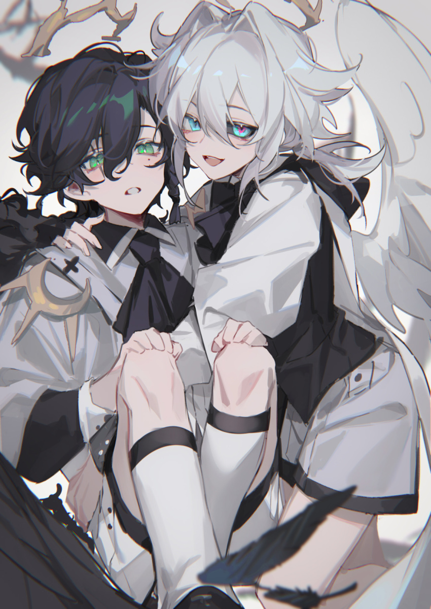 2boys black_hair black_sclera black_wings blue_eyes braid chromatic_aberration colored_sclera feathered_wings feathers green_eyes hair_between_eyes hand_on_another's_shoulder hands_on_own_knees highres kneeling long_sleeves looking_at_viewer male_focus mismatched_sclera mole mole_under_eye multiple_boys open_mouth original shirt short_hair shorts single_braid sitting white_hair white_legwear white_shirt white_shorts white_wings wings yusa_(yusa0751)