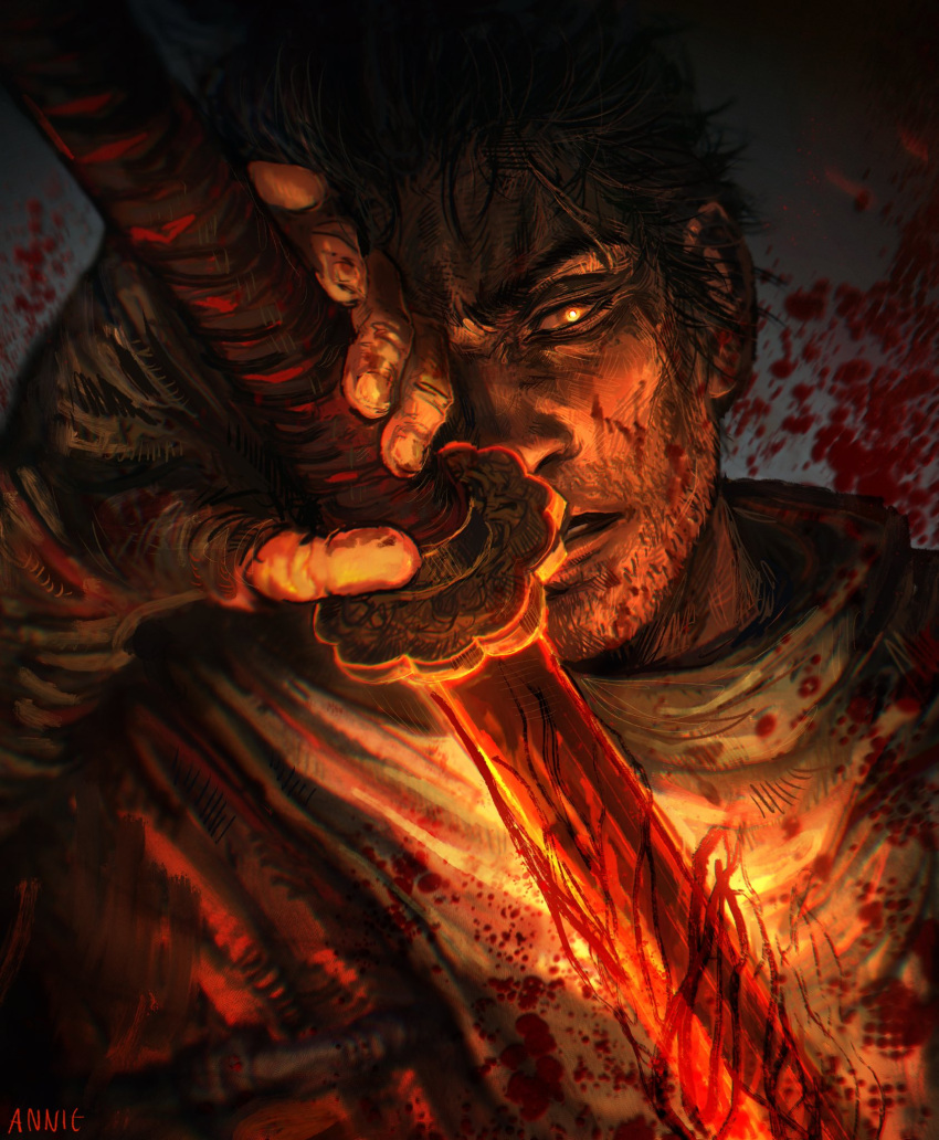 1boy anniechromes black_gloves black_hair blood blood_splatter close-up coat drawing_sword facial_hair fingerless_gloves gloves glowing glowing_eye highres holding holding_sword holding_weapon katana orange_coat parted_lips scar scar_across_eye scarf sekiro sekiro:_shadows_die_twice signature solo stubble sword weapon